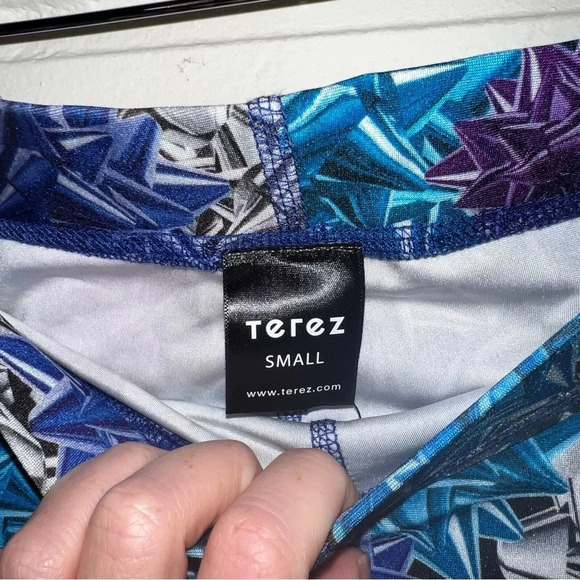 Terez Blue Silver Gift Wrap Bow Holiday Athletic Leggings, Women’s Size Small - Picture 6 of 8